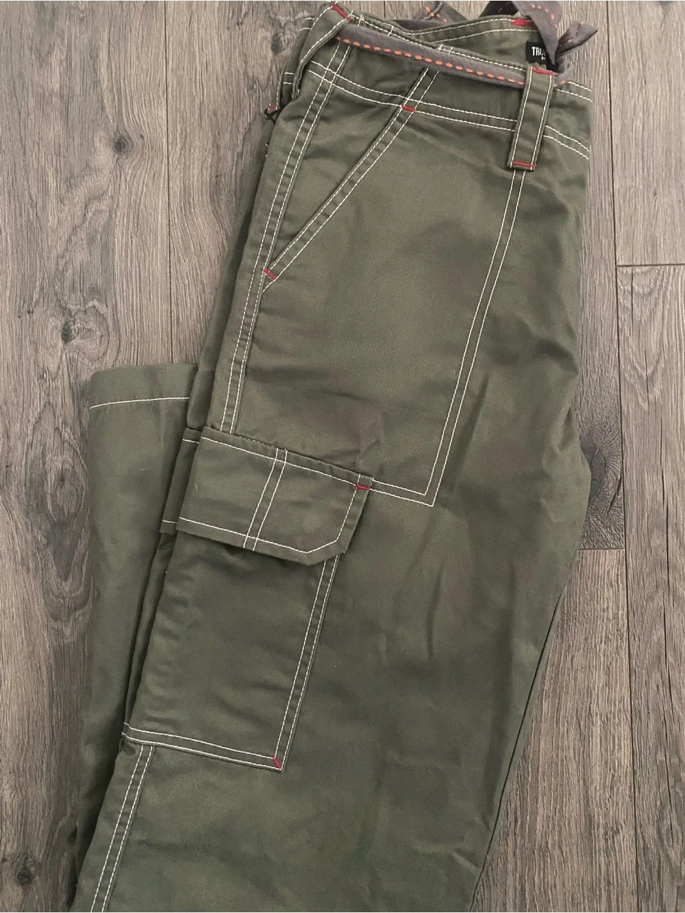 True Religion Men's Olive Cargo Pants with Contrast Stitching